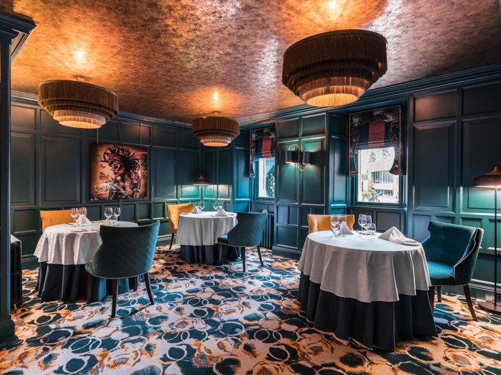 Fonab Castle | Teal Themed Restaurant with Lamp Shades - Sandemans Interior at Fonab Castle Pitlochry ?? Fonab Castle