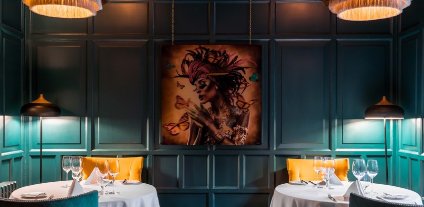 Fonab Castle | Modern Painting of Woman on Wooden Wall Panels at Pitlochry Restaurant Perthshire    ?? Fonab Castle