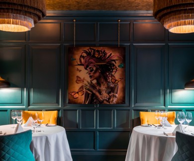 Fonab Castle | Modern Painting of Woman on Wooden Wall Panels at Pitlochry Restaurant Perthshire ?? Fonab Castle